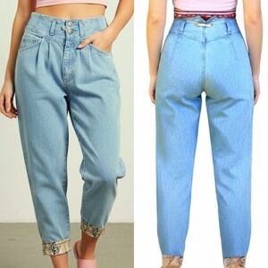 Vtg 80s True Blue acid wash pink fish cuffs pleated high waist denim mom jeans 6